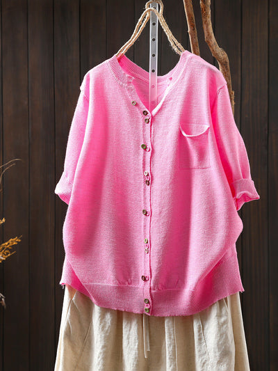 Women Summer Casual Colorful Button Knitted O-Neck Shirt