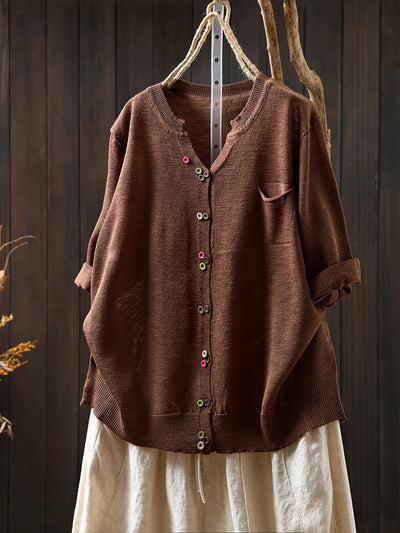 Women Summer Casual Colorful Button Knitted O-Neck Shirt