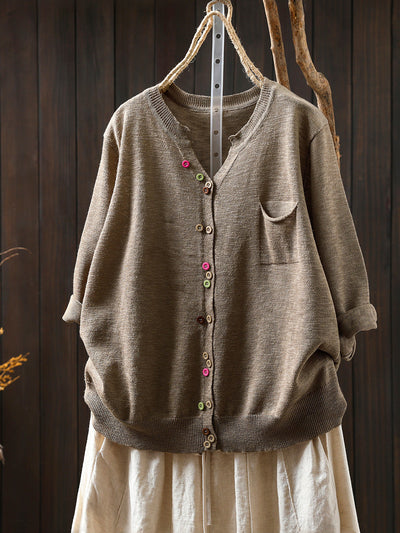 Women Summer Casual Colorful Button Knitted O-Neck Shirt