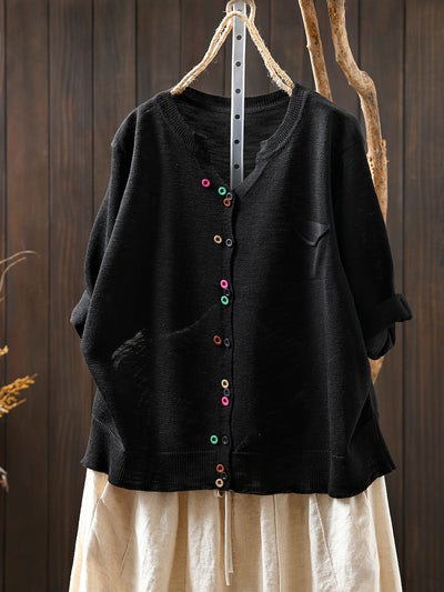 Women Summer Casual Colorful Button Knitted O-Neck Shirt