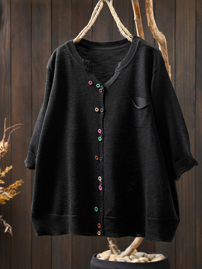 Women Summer Casual Colorful Button Knitted O-Neck Shirt