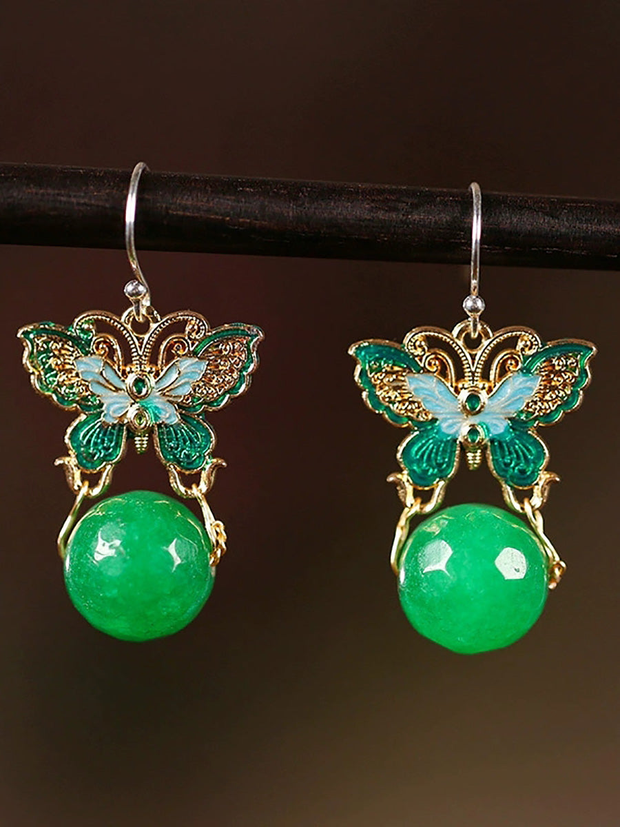 Women Artsy S925Silver Butterfly Green Jade Earrings