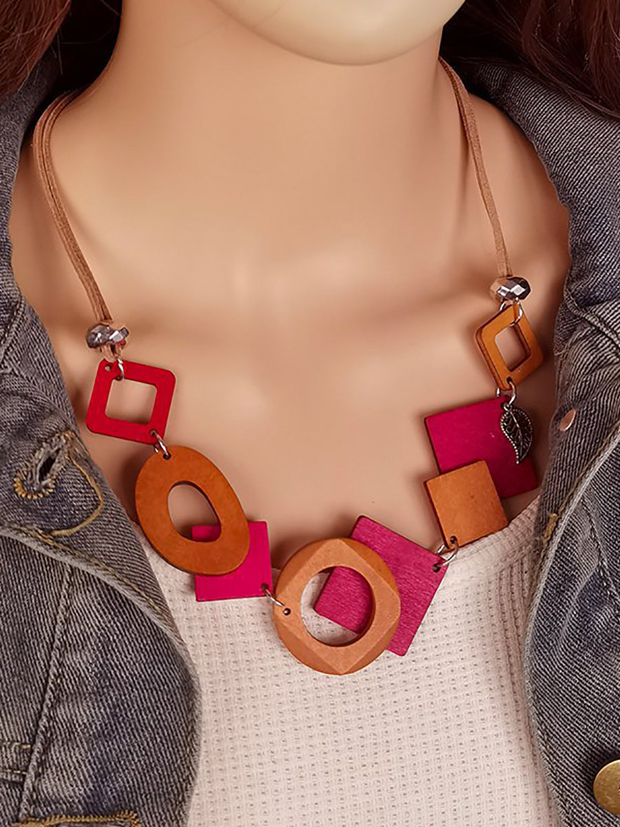 Women Geometric Wooden Weave Necklace