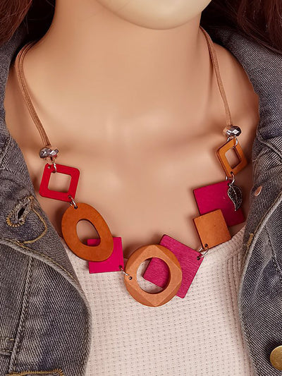 Women Geometric Wooden Weave Necklace
