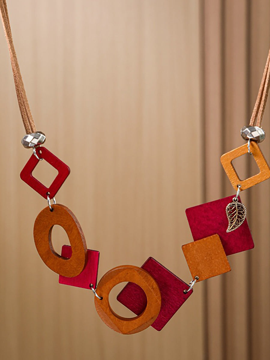 Women Geometric Wooden Weave Necklace