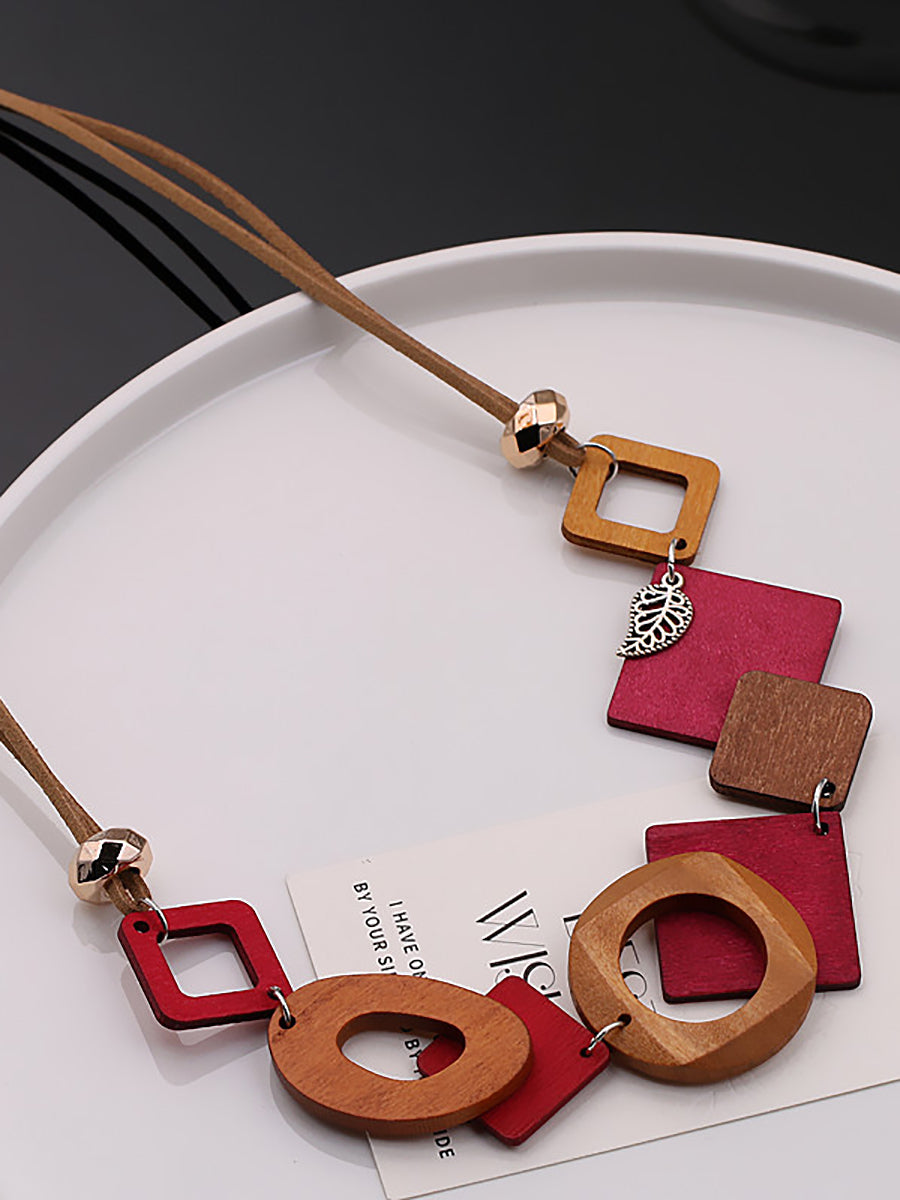 Women Geometric Wooden Weave Necklace