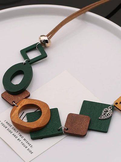 Women Geometric Wooden Weave Necklace