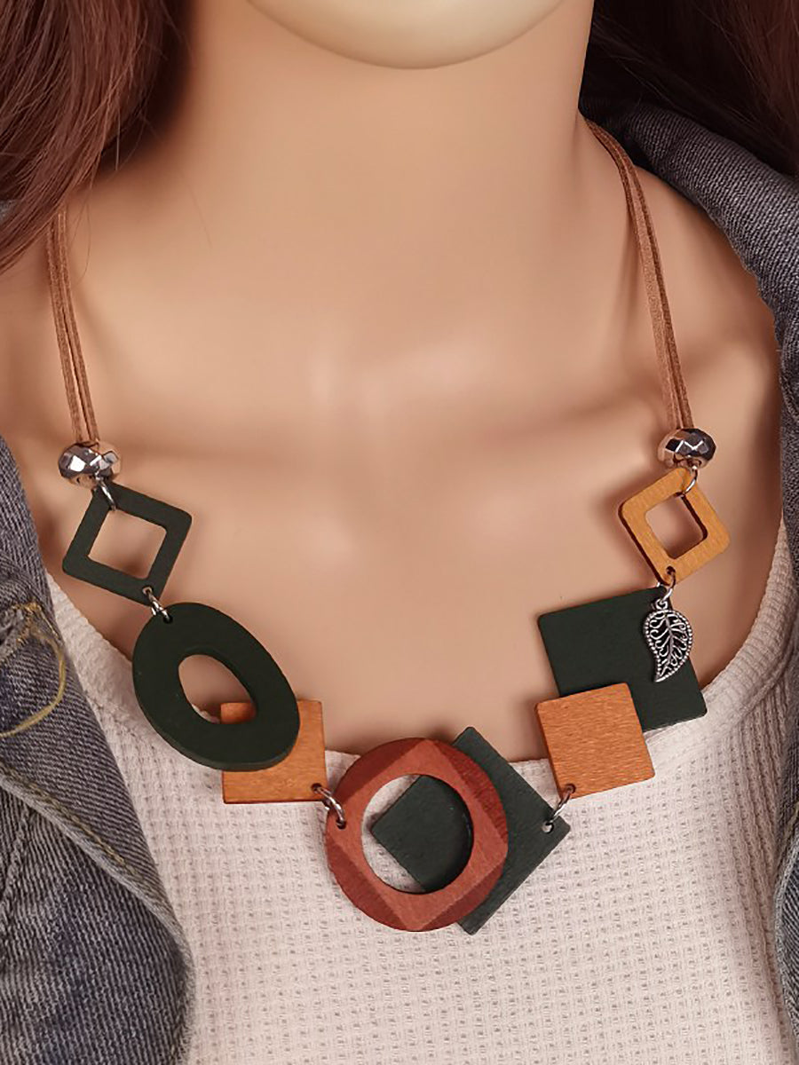 Women Geometric Wooden Weave Necklace