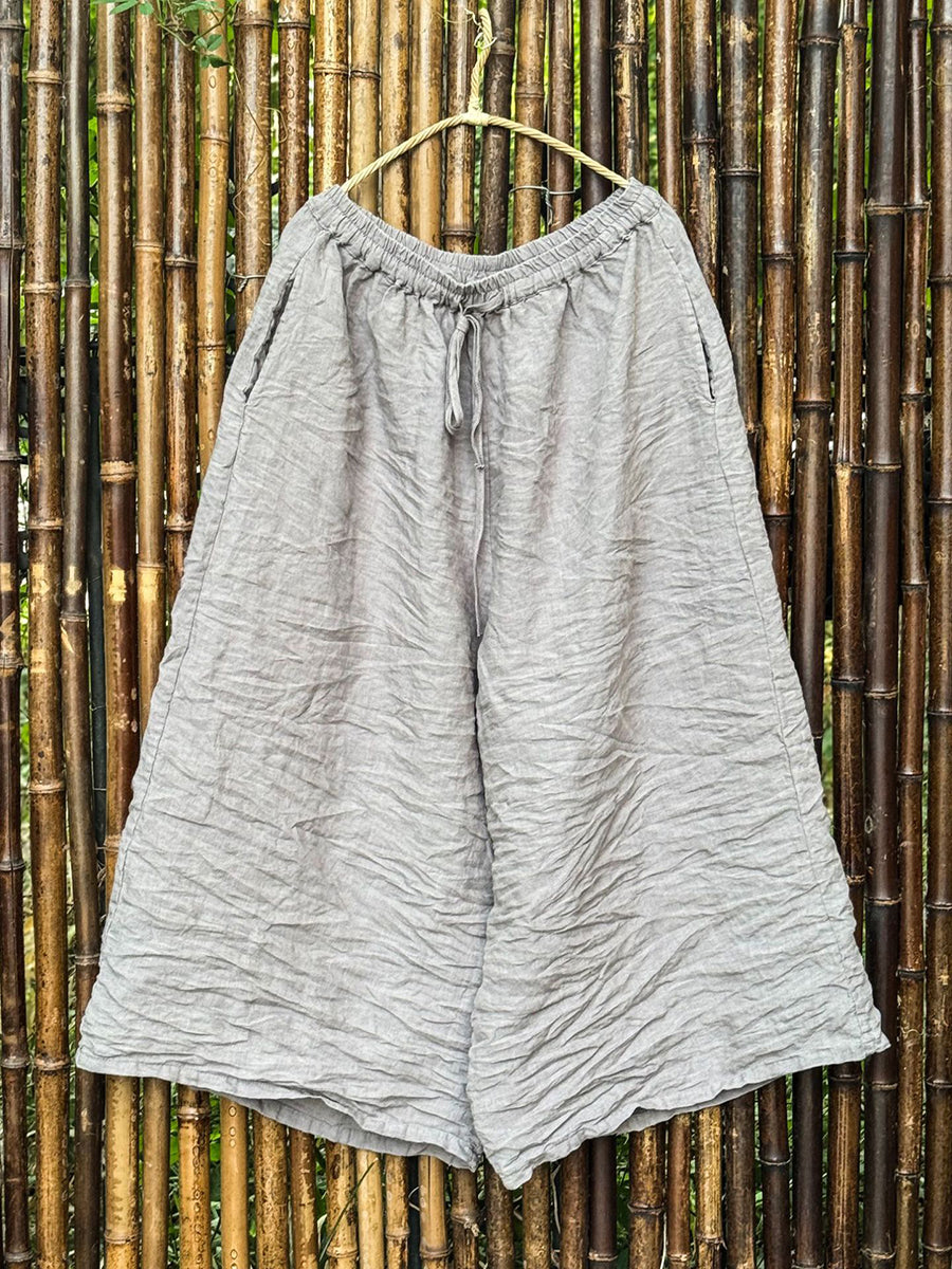 Women Summer Retro Pure Color Linen Wide-leg Pants