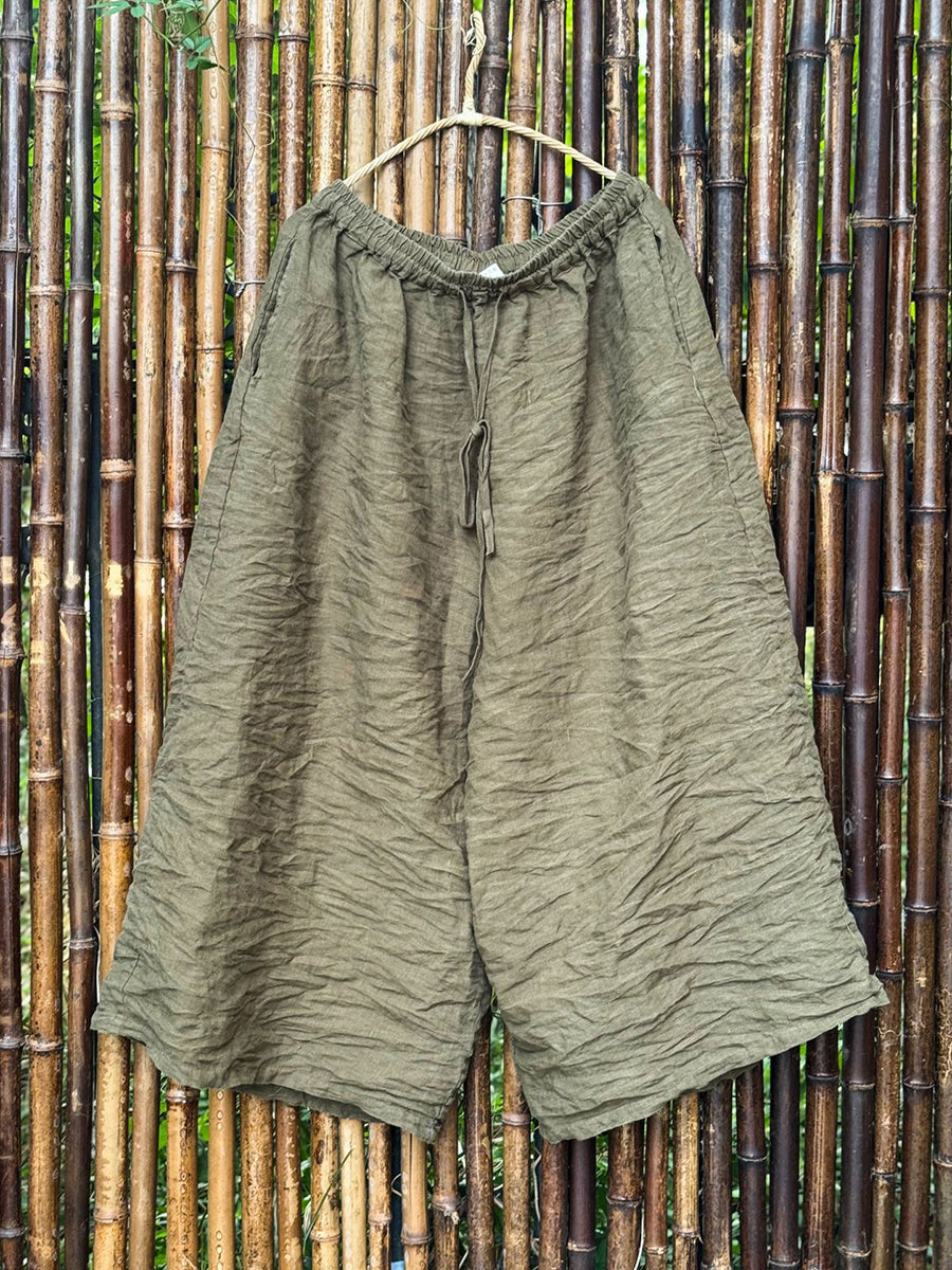 Women Summer Retro Pure Color Linen Wide-leg Pants