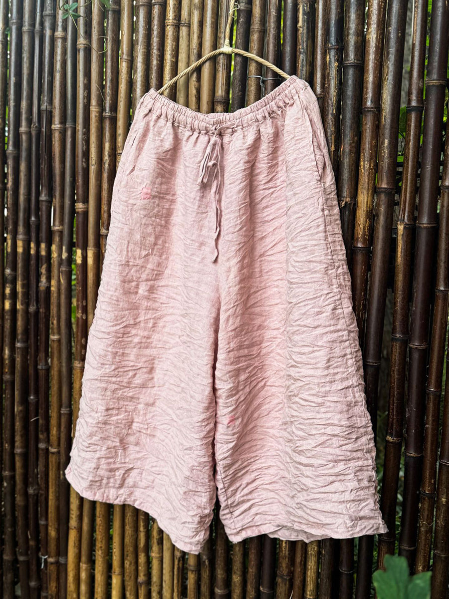 Women Summer Retro Pure Color Linen Wide-leg Pants