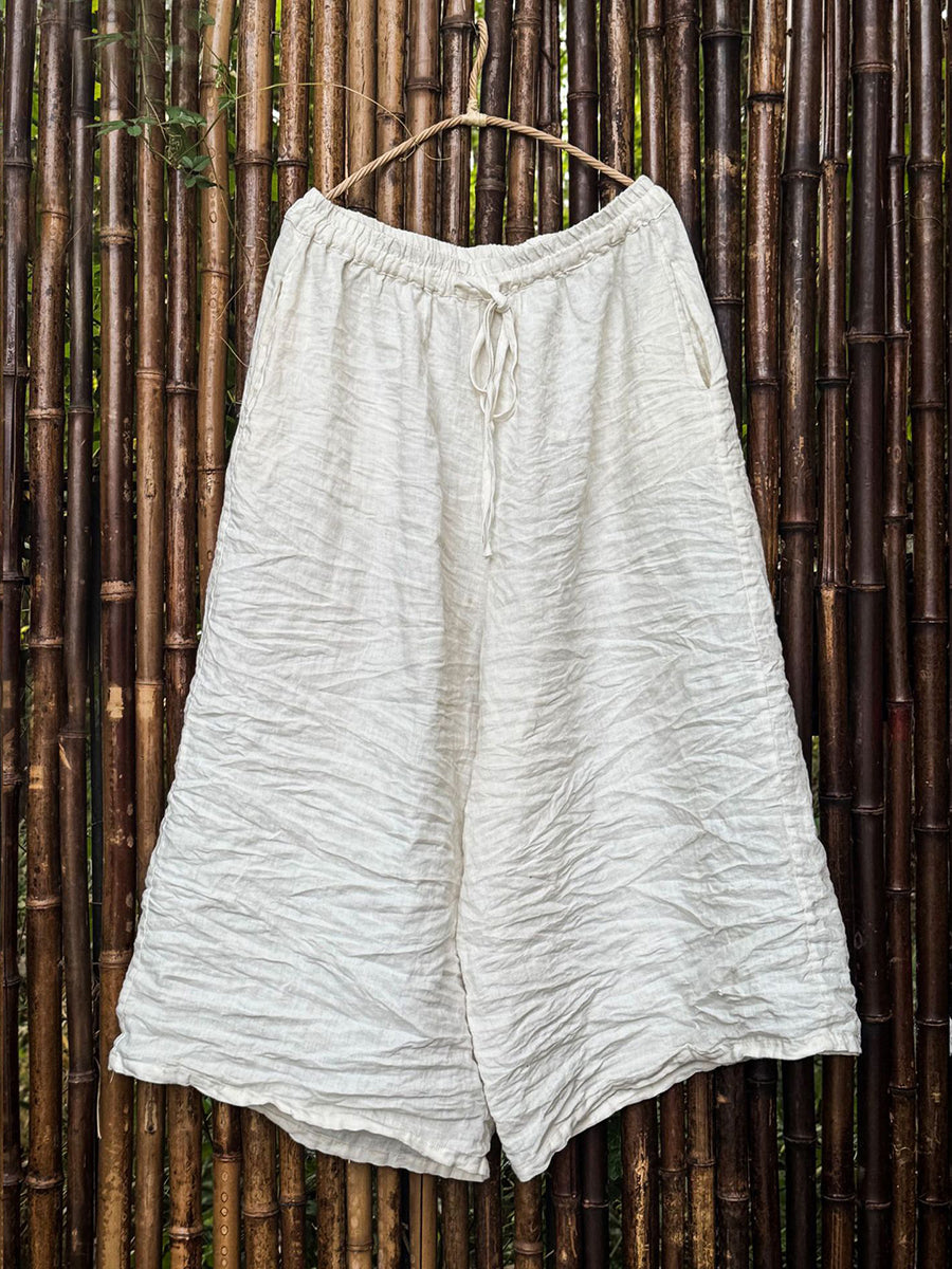Women Summer Retro Pure Color Linen Wide-leg Pants