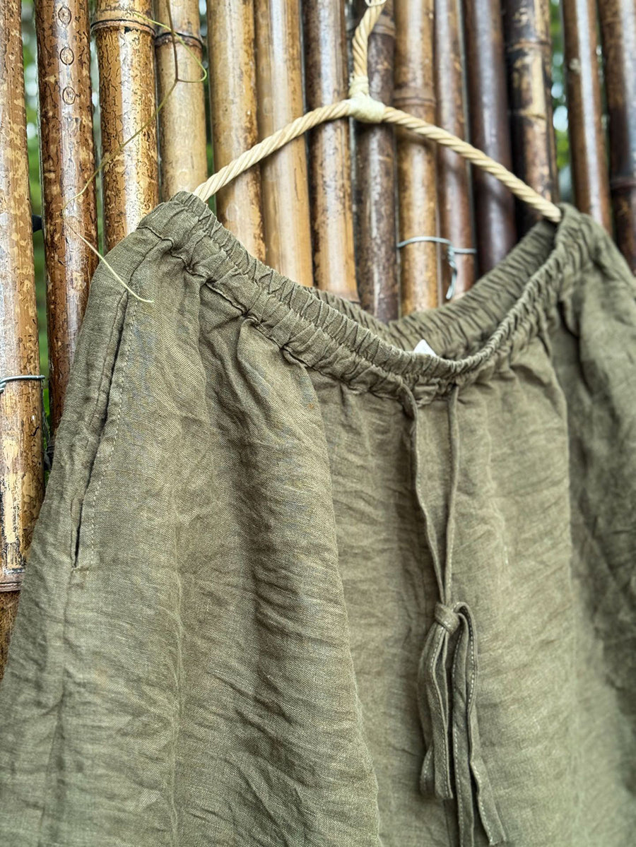 Women Summer Retro Pure Color Linen Wide-leg Pants