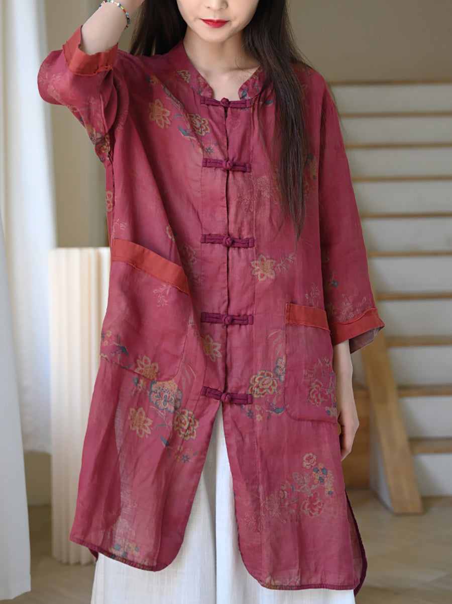 Women Summer Ethnic Flower 100%Ramie Stand Collar Shirt