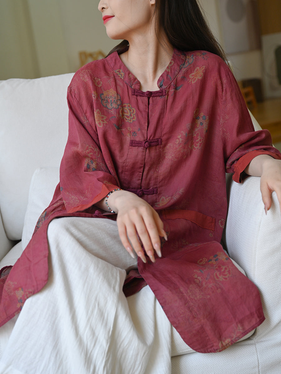 Women Summer Ethnic Flower 100%Ramie Stand Collar Shirt