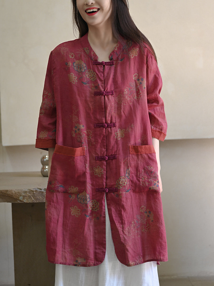 Women Summer Ethnic Flower 100%Ramie Stand Collar Shirt