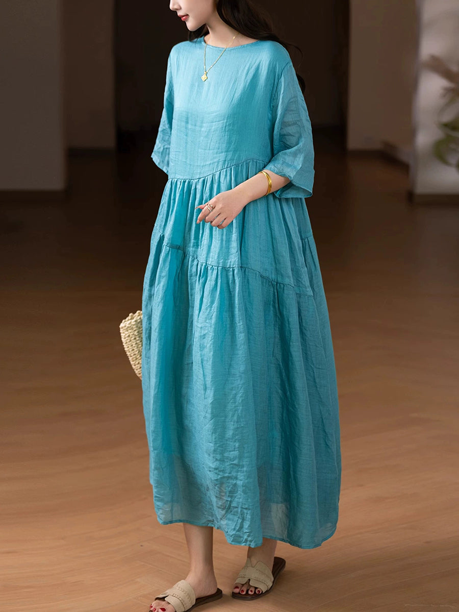 Plus Size Women Summer Artsy Pure Color O-Neck 100%Ramie Dress