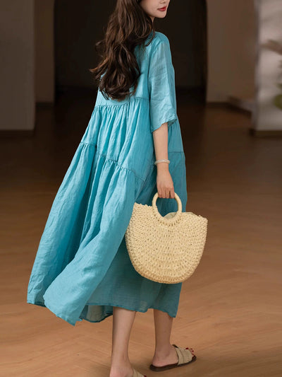 Plus Size Women Summer Artsy Pure Color O-Neck 100%Ramie Dress