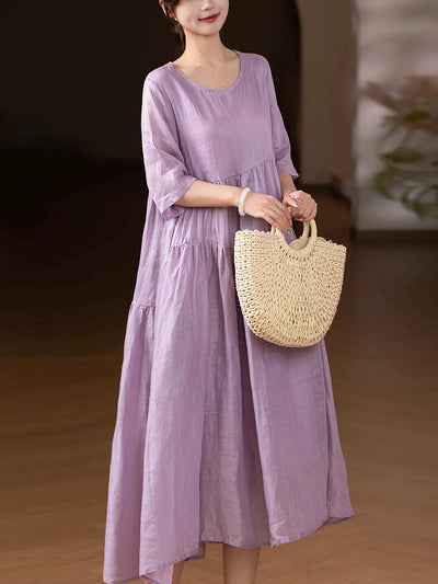 Plus Size Women Summer Artsy Pure Color O-Neck 100%Ramie Dress