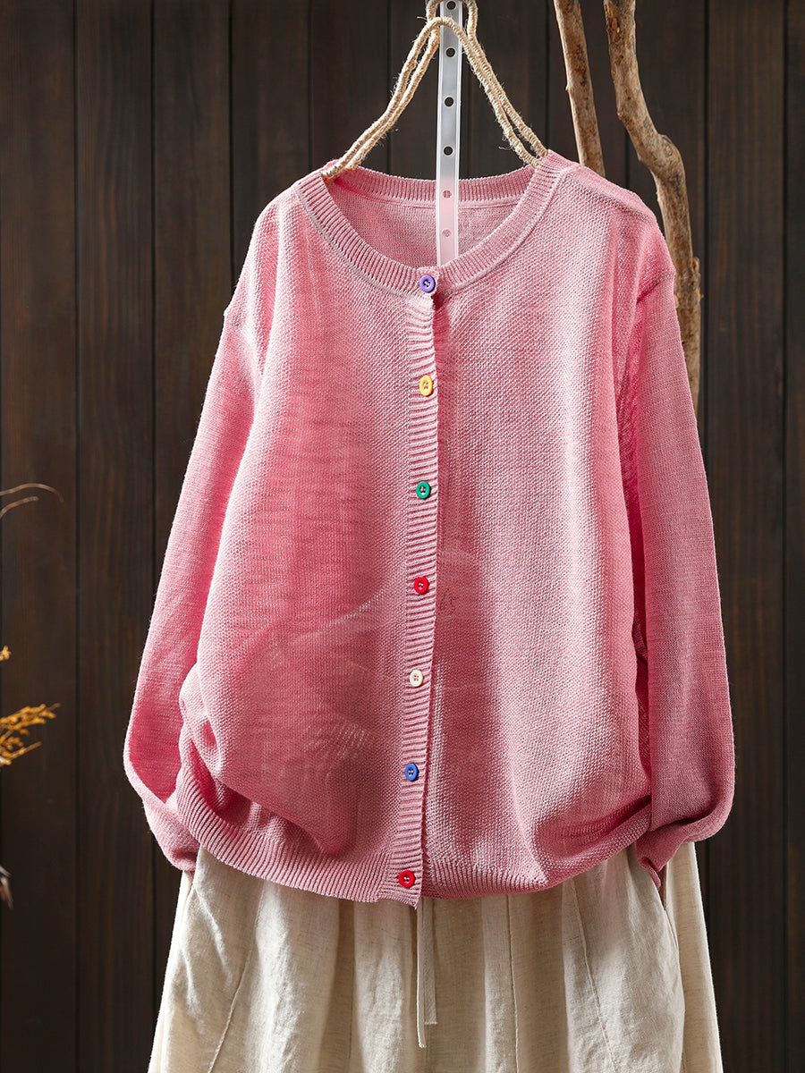 Women Summer Casual Colorful Button Knitted O-Neck Shirt