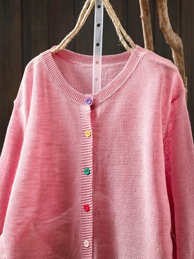 Women Summer Casual Colorful Button Knitted O-Neck Shirt
