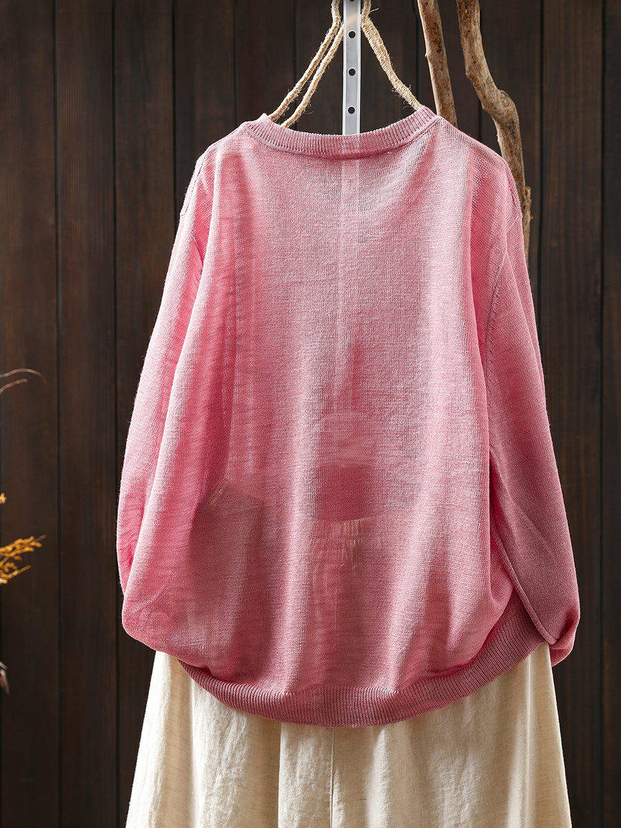 Women Summer Casual Colorful Button Knitted O-Neck Shirt