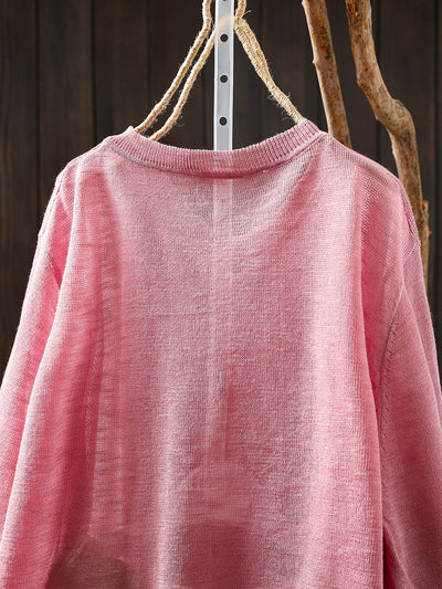 Women Summer Casual Colorful Button Knitted O-Neck Shirt