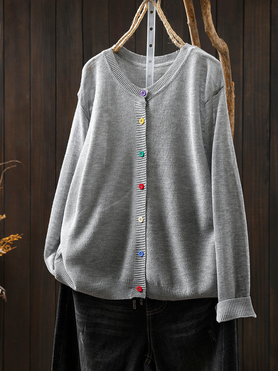 Women Summer Casual Colorful Button Knitted O-Neck Shirt