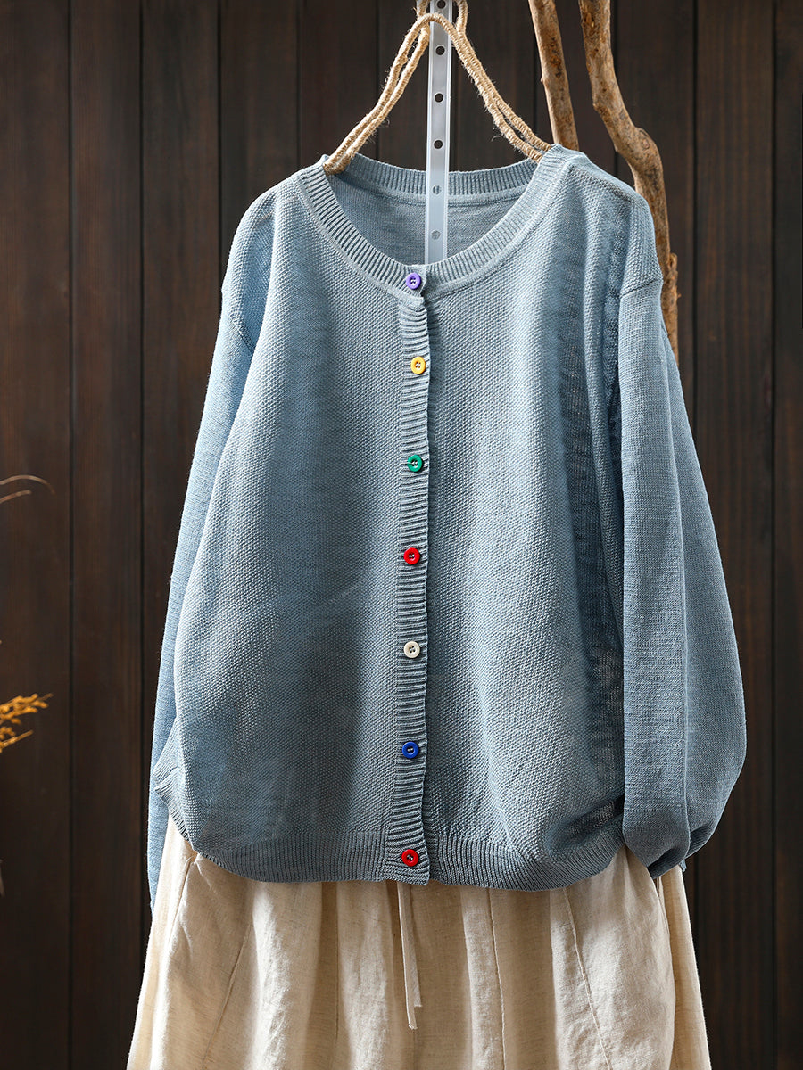 Women Summer Casual Colorful Button Knitted O-Neck Shirt
