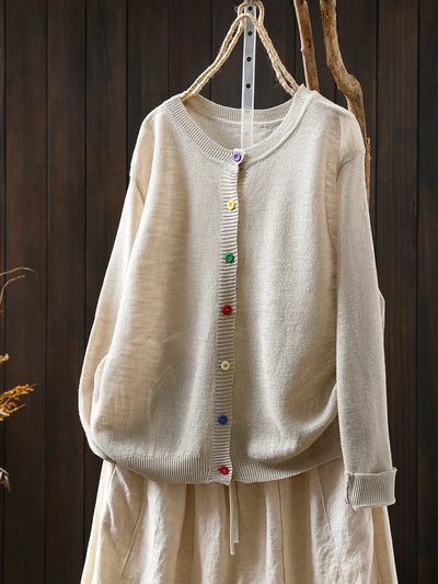 Women Summer Casual Colorful Button Knitted O-Neck Shirt