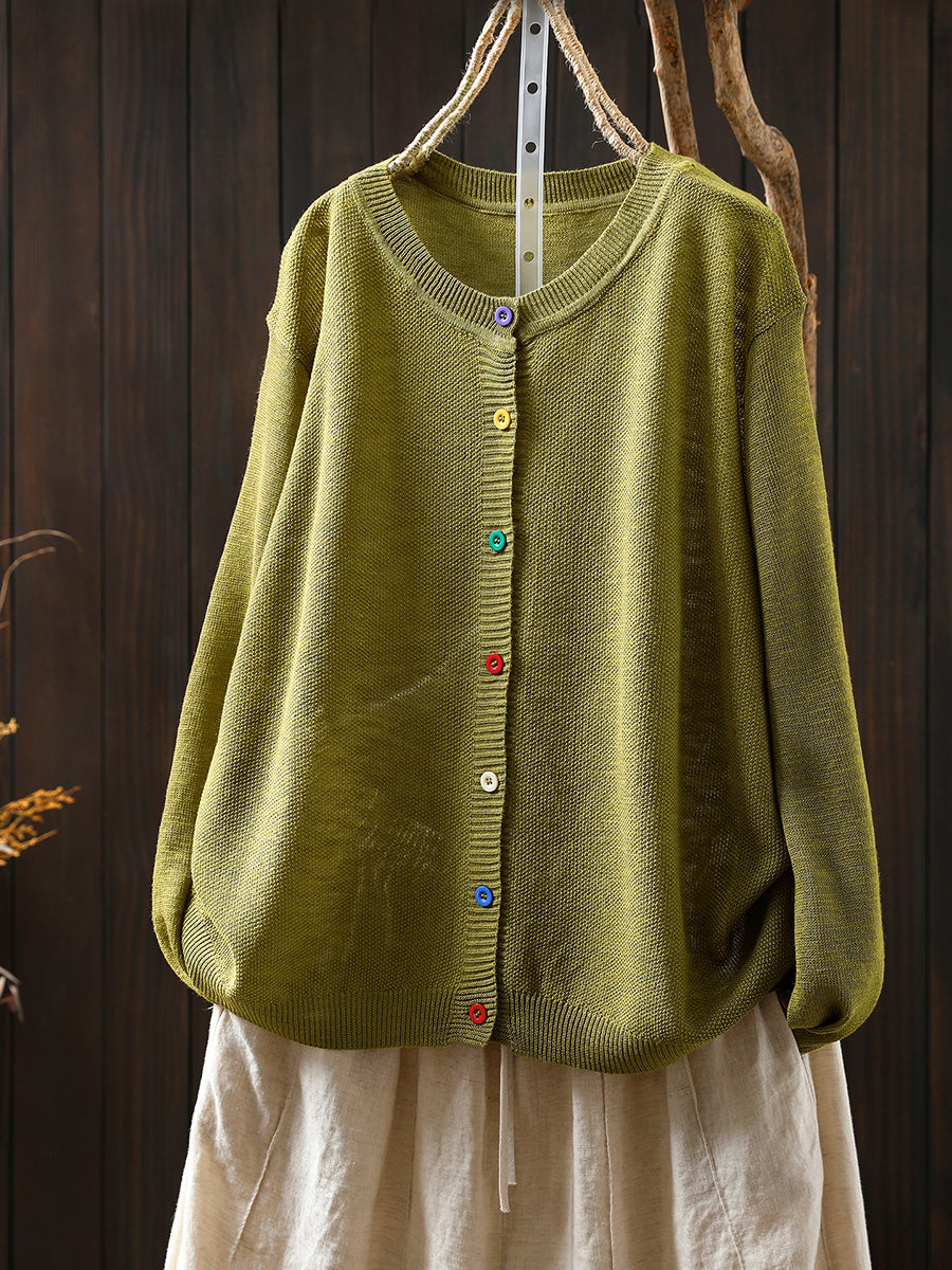 Women Summer Casual Colorful Button Knitted O-Neck Shirt