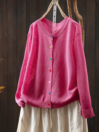 Women Summer Casual Colorful Button Knitted O-Neck Shirt