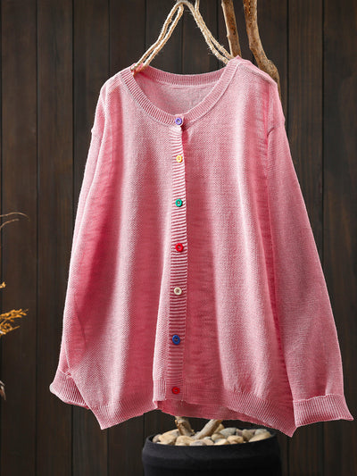 Women Summer Casual Colorful Button Knitted O-Neck Shirt