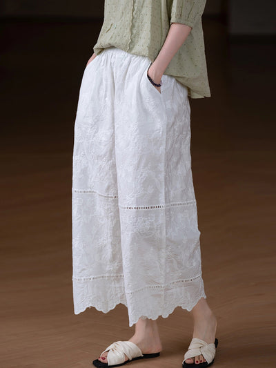 Women Summer Retro Embroidery 100%Cotton Straight Pants