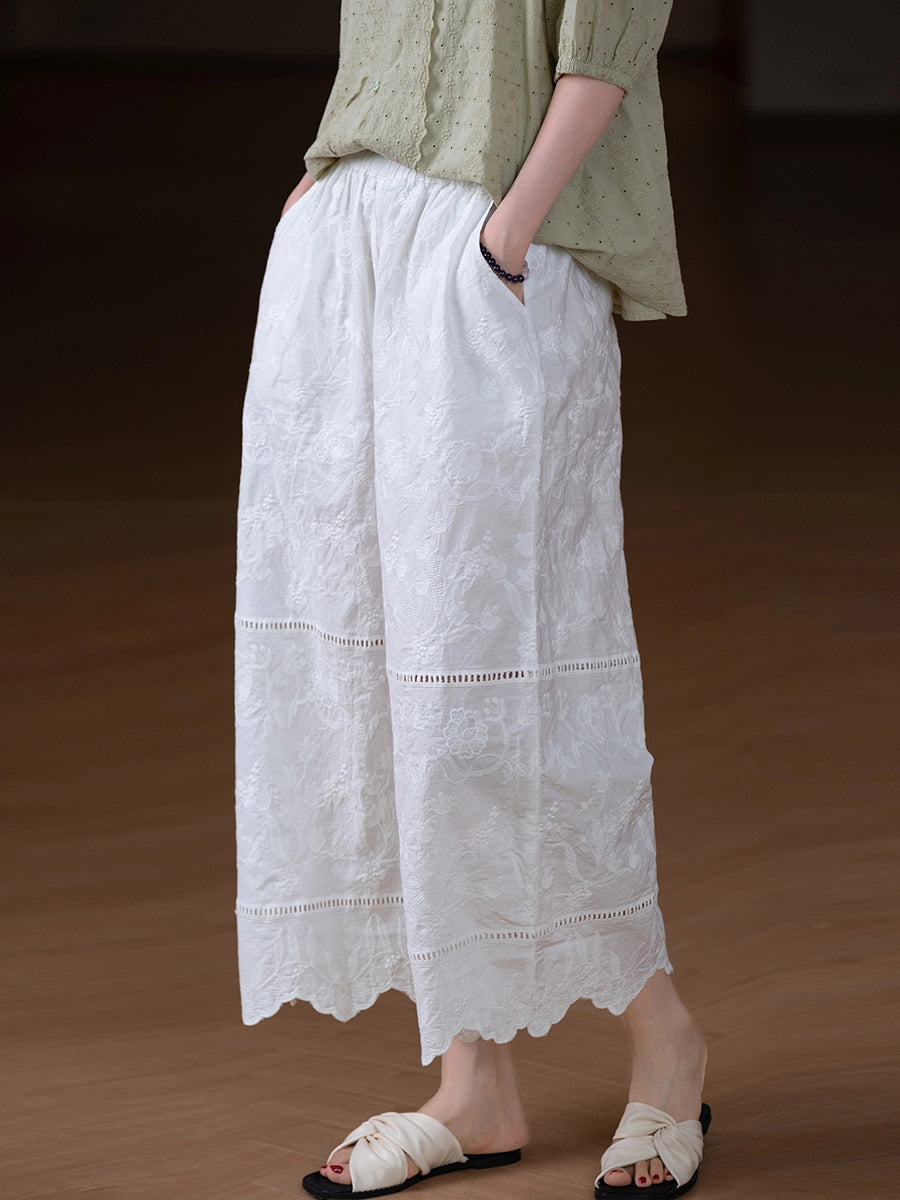 Women Summer Retro Embroidery 100%Cotton Straight Pants