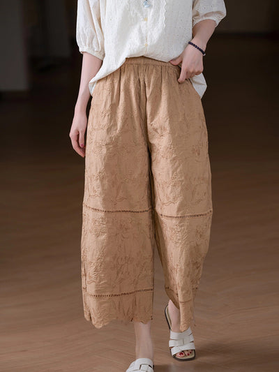 Women Summer Retro Embroidery 100%Cotton Straight Pants