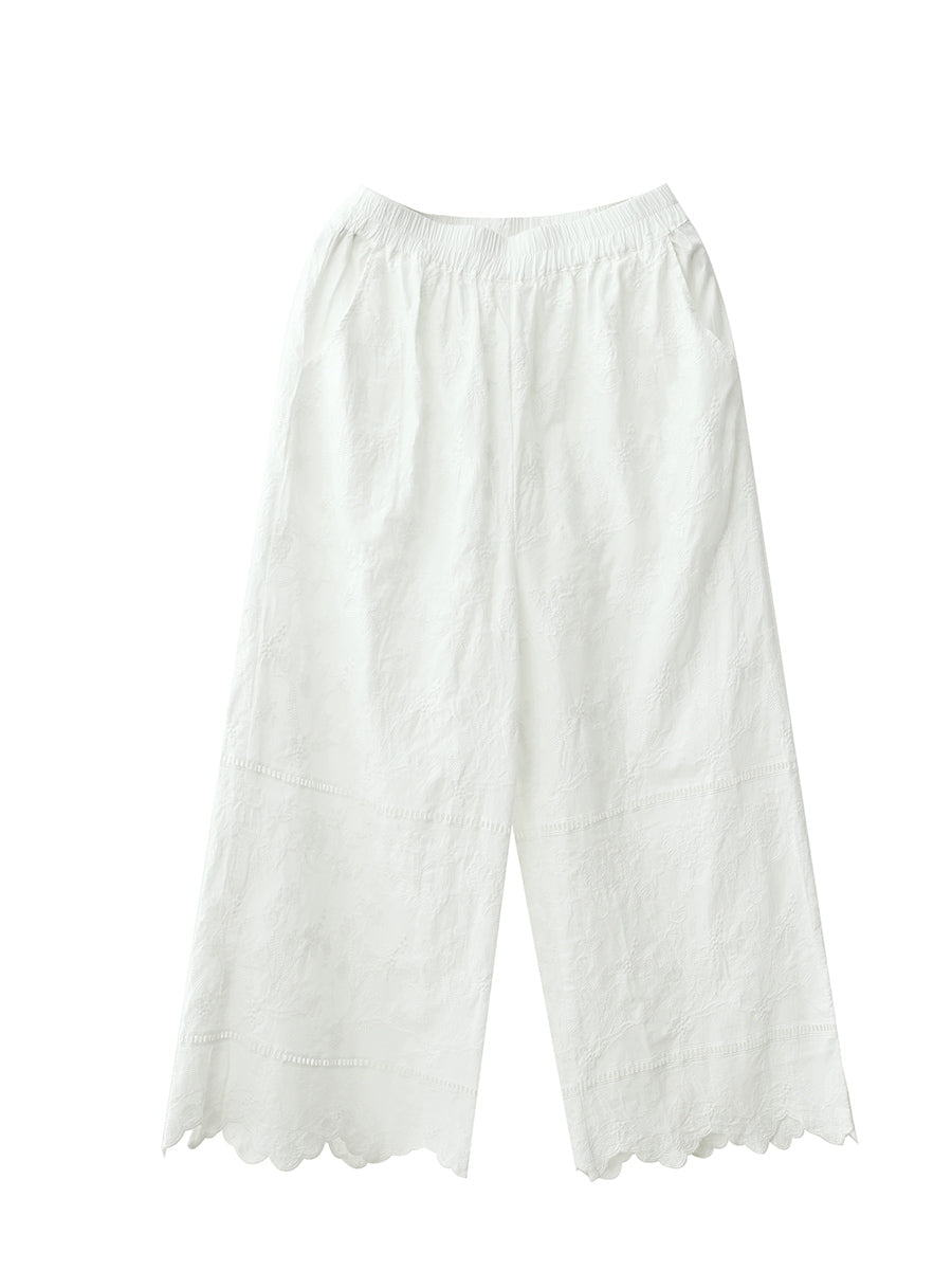 Women Summer Retro Embroidery 100%Cotton Straight Pants