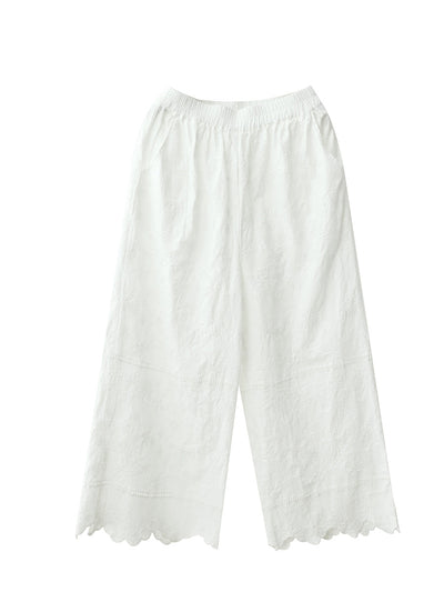 Women Summer Retro Embroidery 100%Cotton Straight Pants