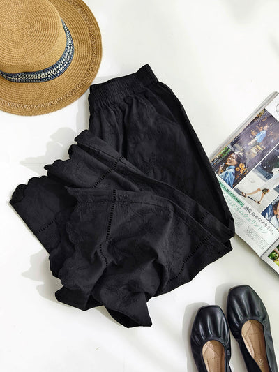 Women Summer Retro Embroidery 100%Cotton Straight Pants