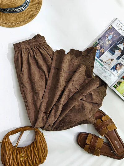 Women Summer Retro Embroidery 100%Cotton Straight Pants