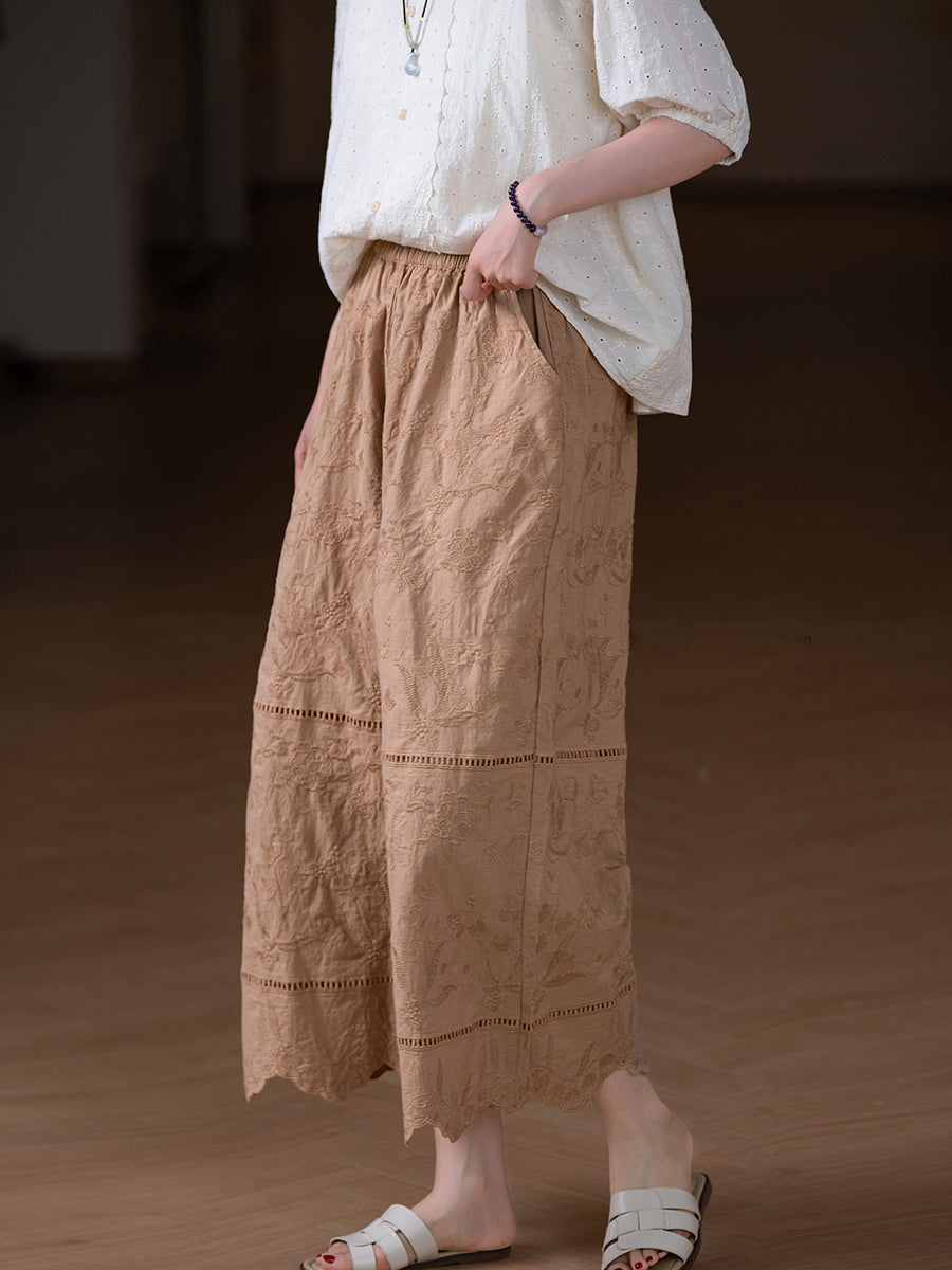 Women Summer Retro Embroidery 100%Cotton Straight Pants