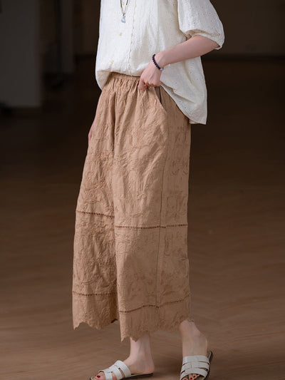 Women Summer Retro Embroidery 100%Cotton Straight Pants