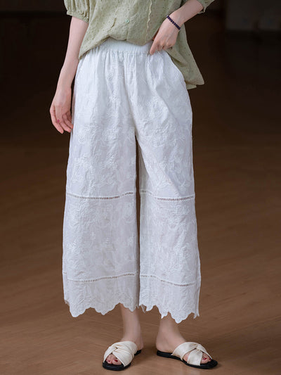 Women Summer Retro Embroidery 100%Cotton Straight Pants