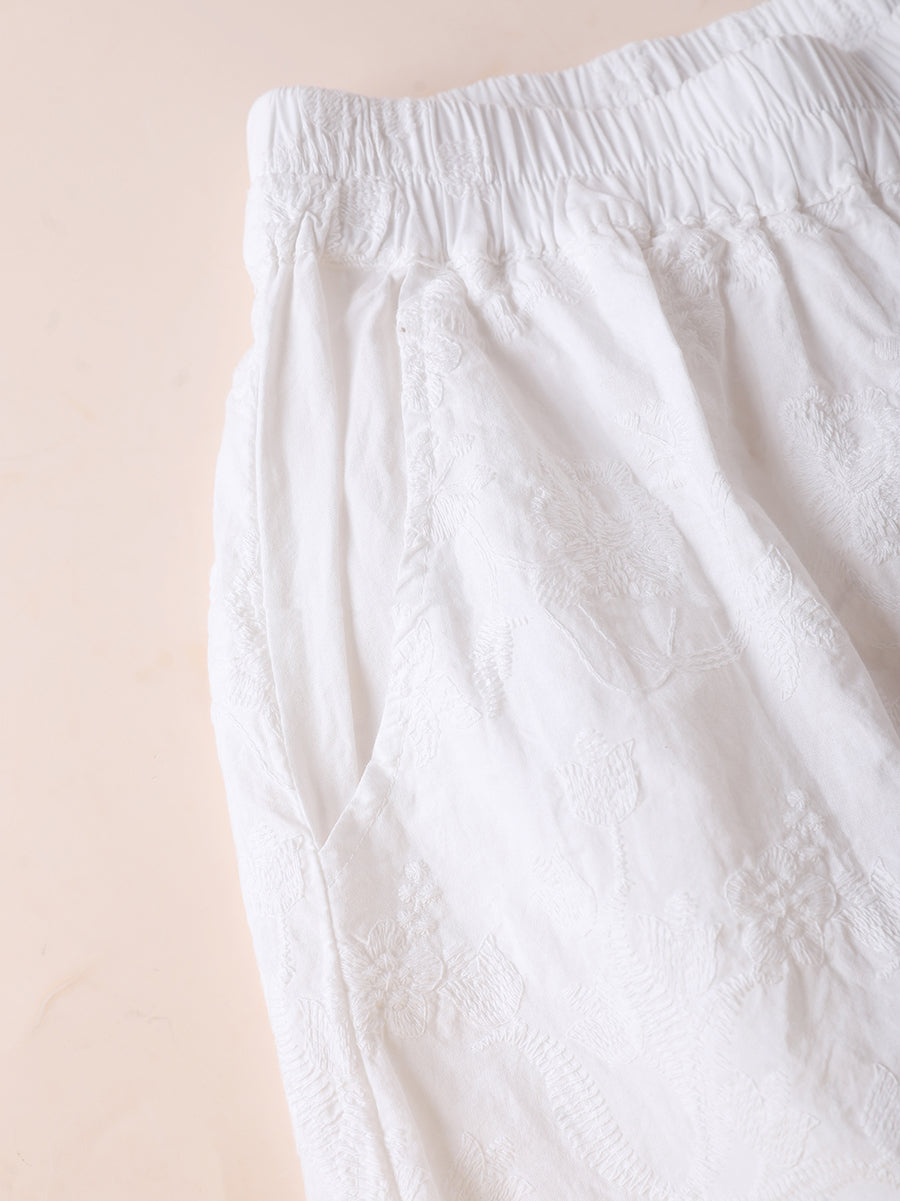 Women Summer Retro Embroidery 100%Cotton Straight Pants