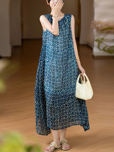 Women Summer Artsy Floral O-Neck 100%Ramie Vest Dress