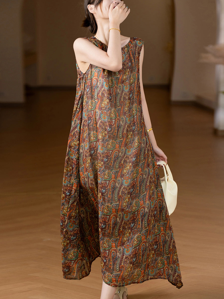 Women Summer Artsy Floral O-Neck 100%Ramie Vest Dress