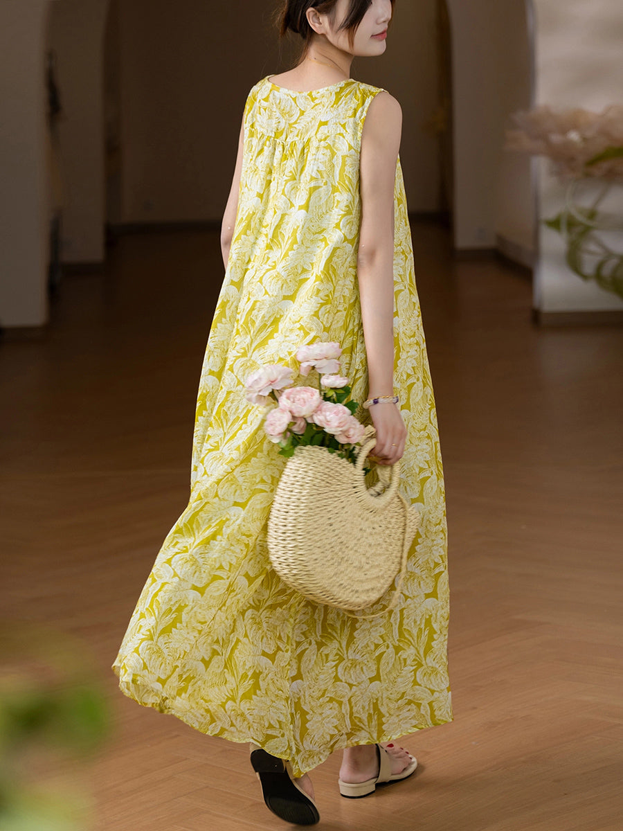 Women Summer Artsy Floral O-Neck 100%Ramie Vest Dress