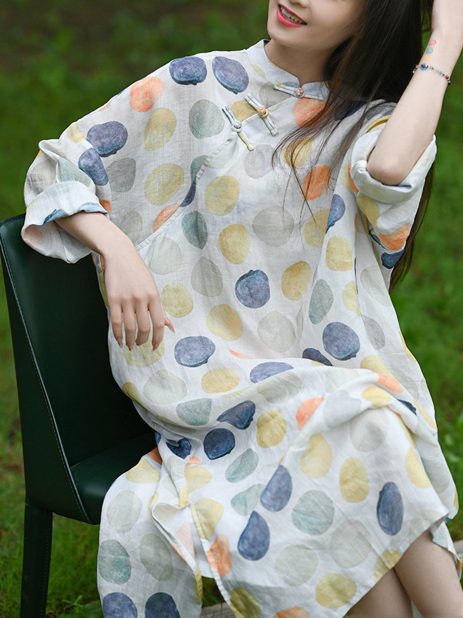 Women Summer Ethnic Colorful Dot 100%Ramie Robe Dress