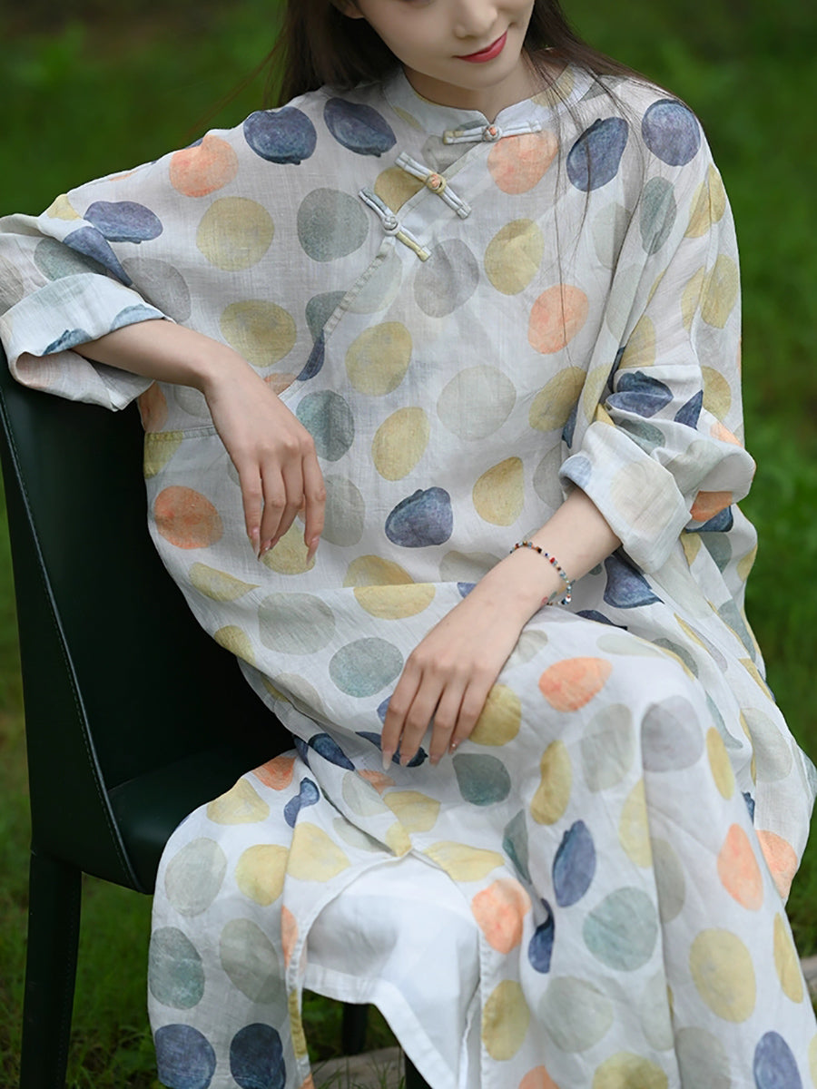 Women Summer Ethnic Colorful Dot 100%Ramie Robe Dress