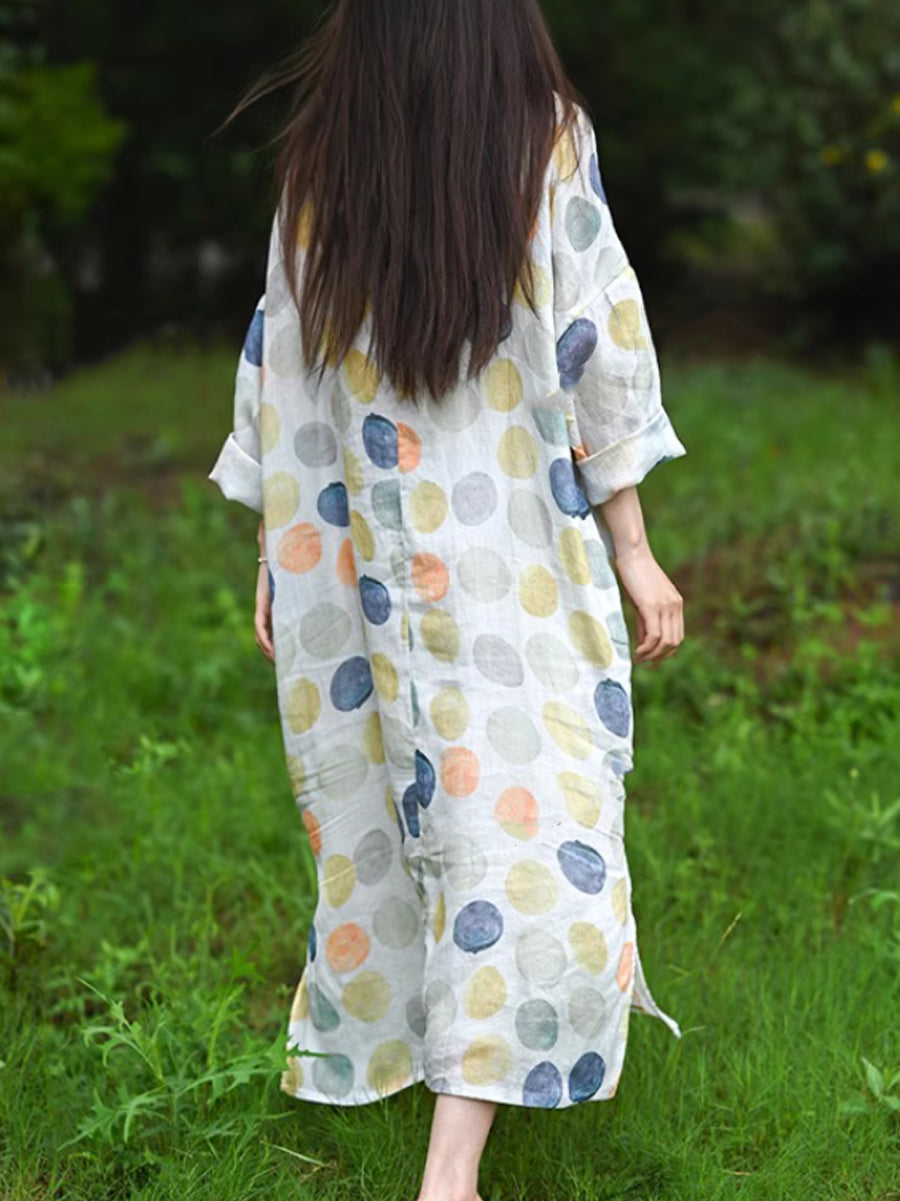 Women Summer Ethnic Colorful Dot 100%Ramie Robe Dress